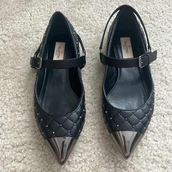 Valentino Shoes - Valentino Black Silver Rockstud Quilted Ballet Flats